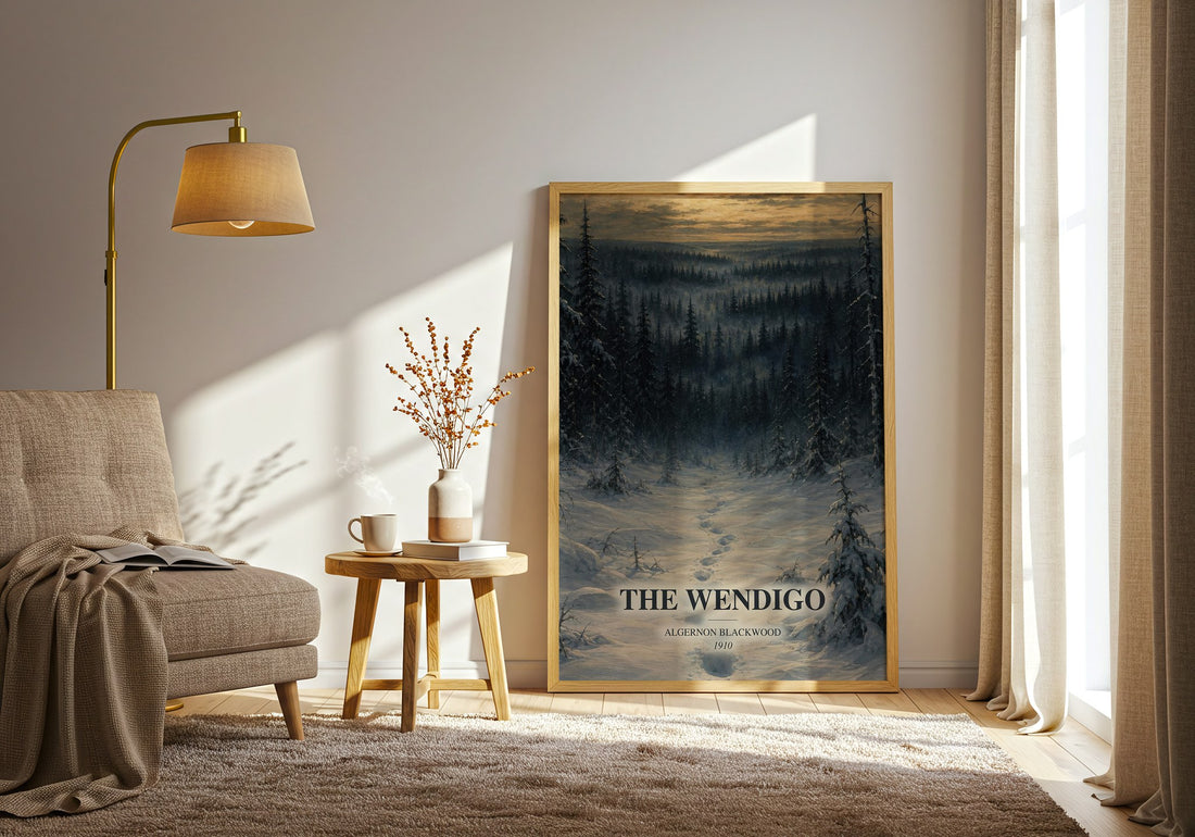 The Wendigo watercolour print in frame leaning in hallway – horror wall art (mockup)