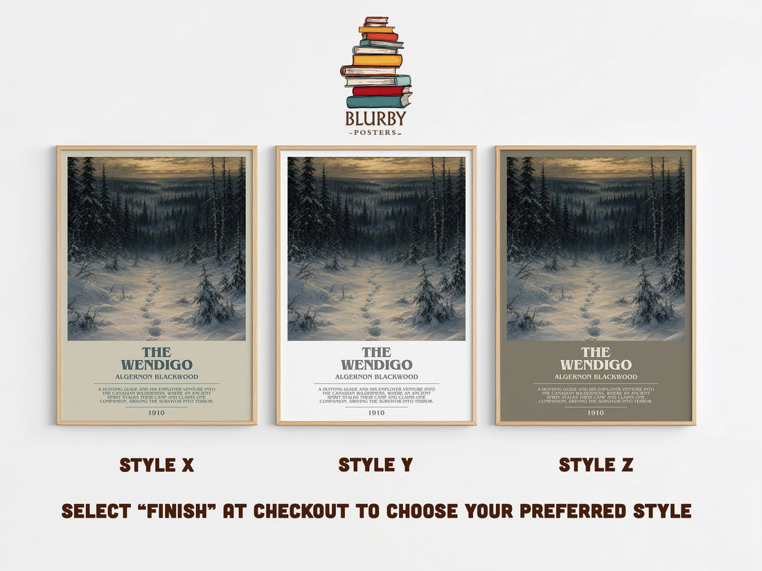 The Wendigo bookish print in frame leaning in hallway – horror wall art (mockup)