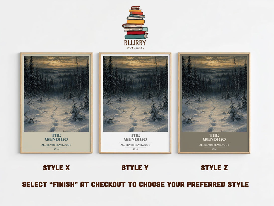 The Wendigo book cover print in frame leaning in hallway – horror wall art (mockup)