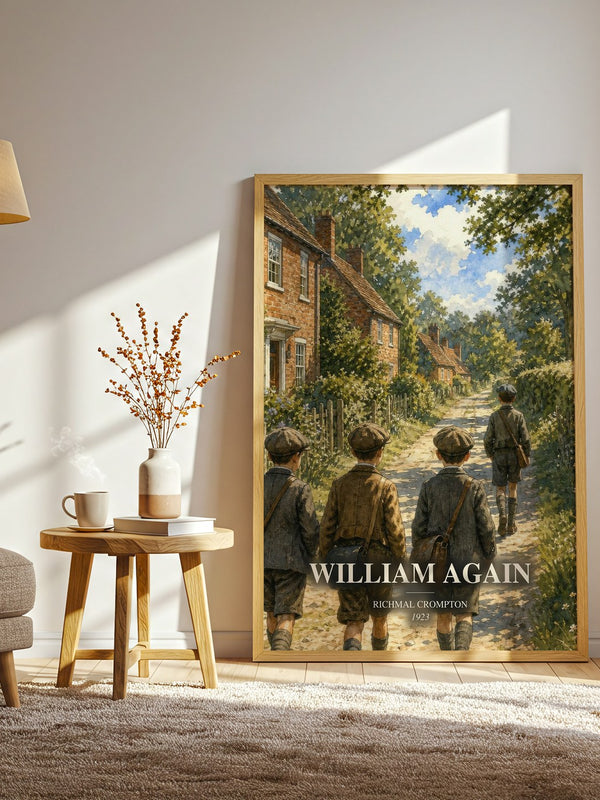 William Again watercolour print in frame leaning in hallway – childrens wall art