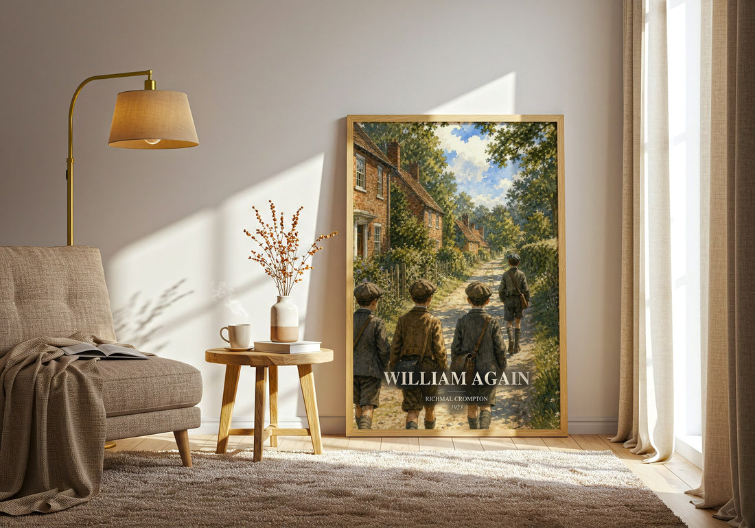 William Again watercolour print in frame leaning in hallway – childrens wall art (mockup)