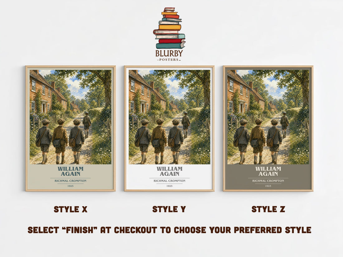 William Again book cover print in frame leaning in hallway – childrens wall art (mockup)