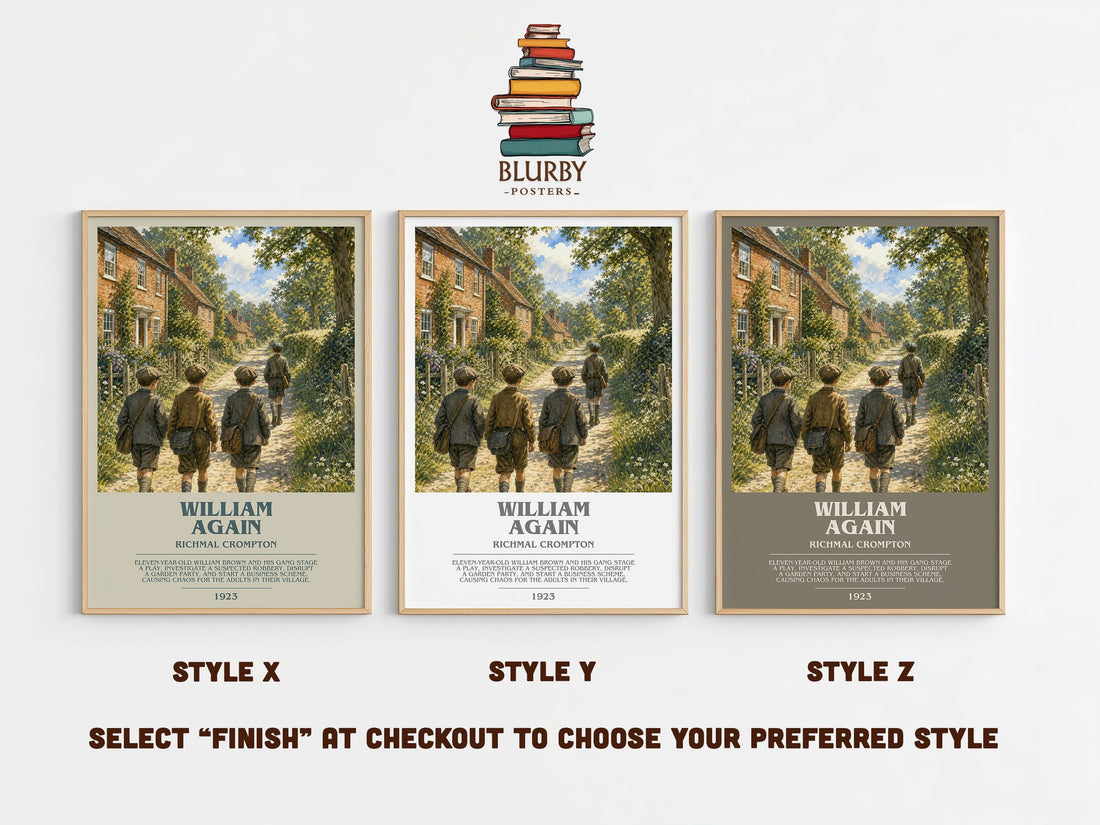 William Again bookish print in frame leaning in hallway – childrens wall art (mockup)