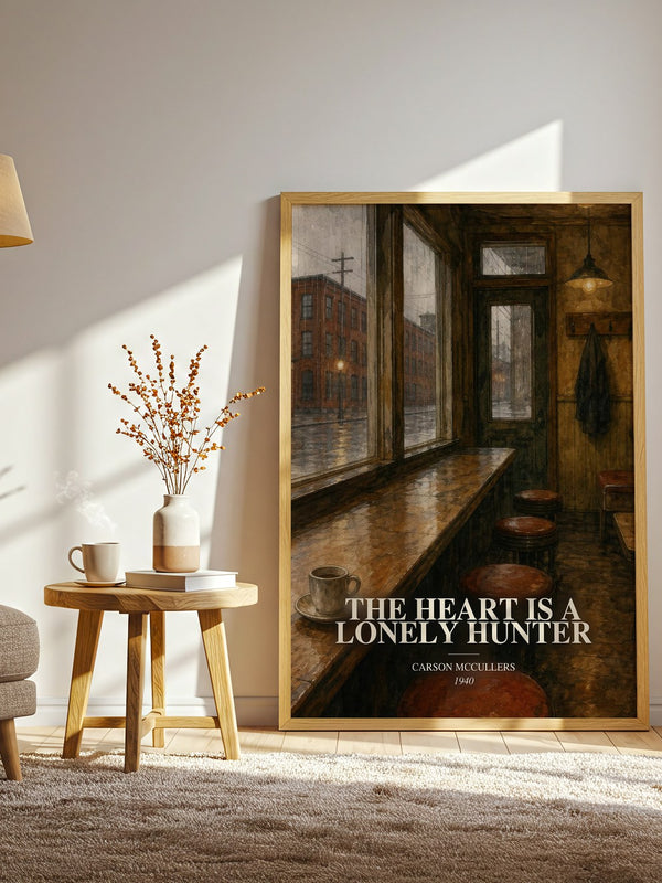 The Heart Is a Lonely Hunter watercolour print in frame leaning in hallway – literary fiction wall art