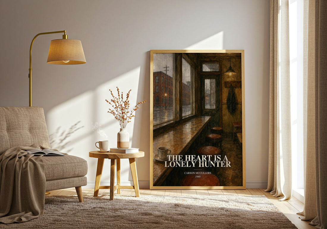 The Heart Is a Lonely Hunter watercolour print in frame leaning in hallway – literary fiction wall art (mockup)