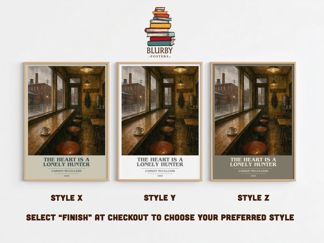 The Heart Is a Lonely Hunter book cover print in frame leaning in hallway – literary fiction wall art (mockup)