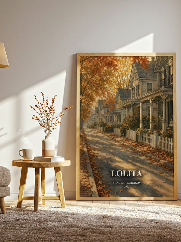 Lolita watercolour print in frame leaning in hallway – literary fiction wall art