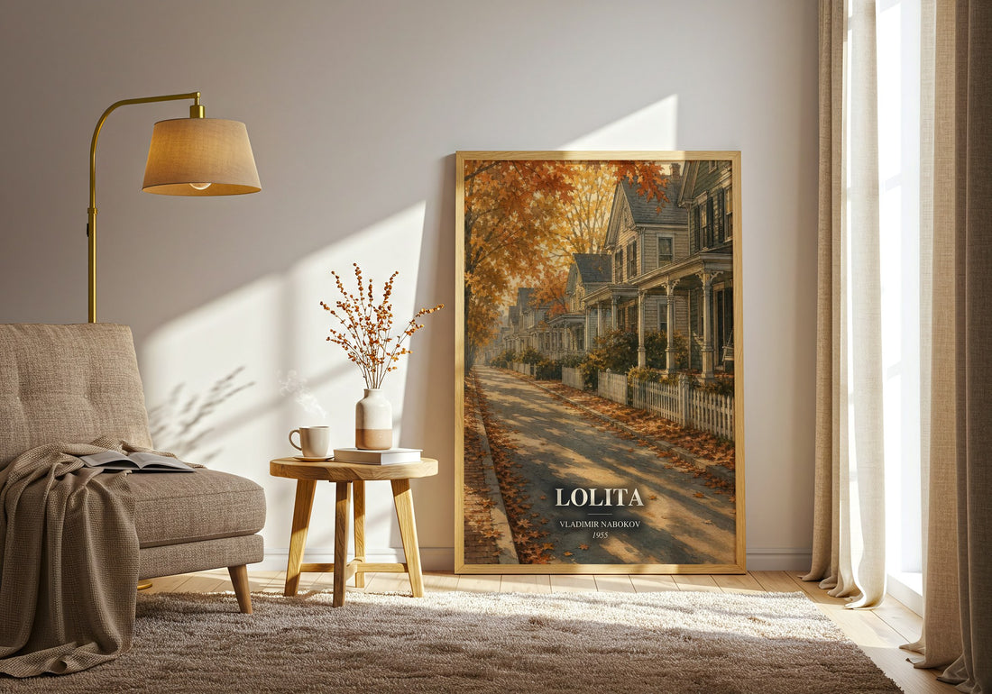 Lolita watercolour print in frame leaning in hallway – literary fiction wall art (mockup)