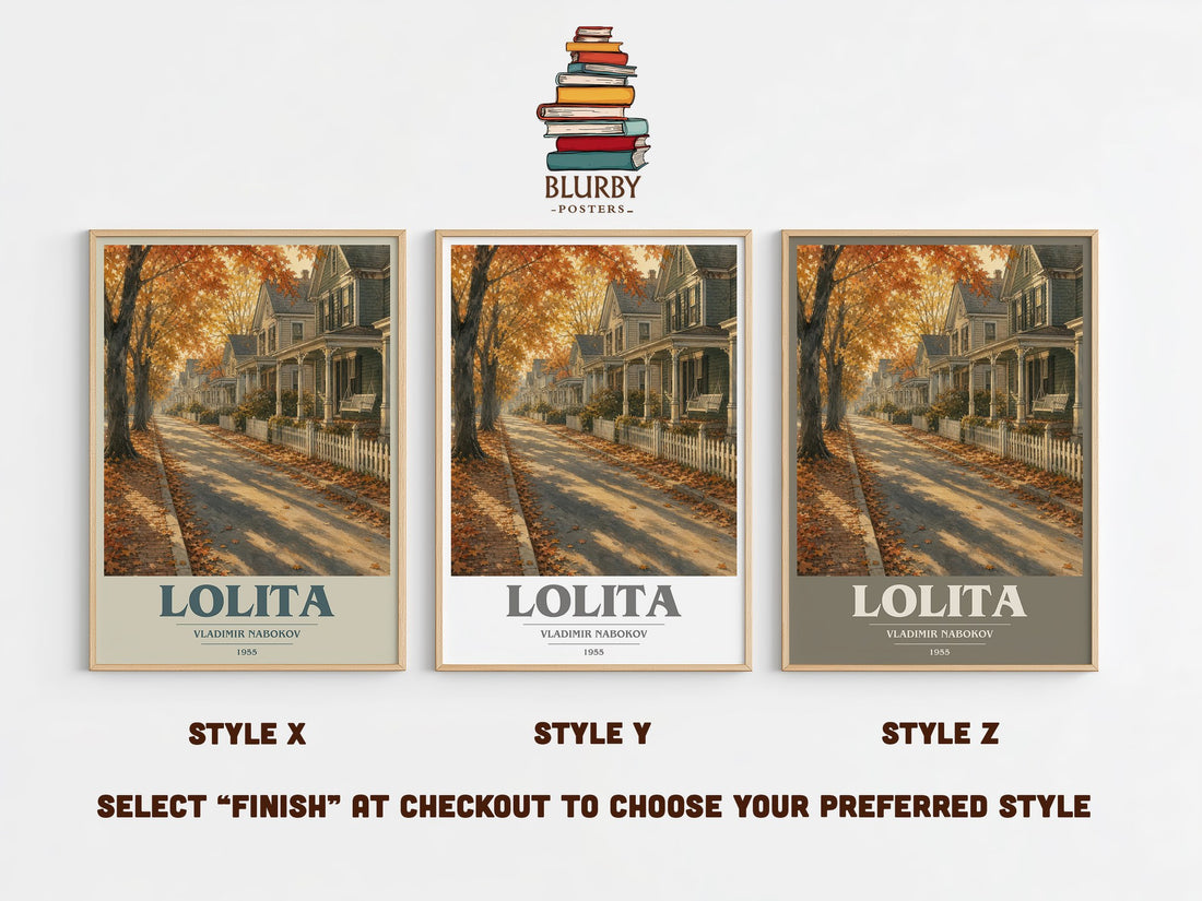 Lolita book cover print in frame leaning in hallway – literary fiction wall art (mockup)