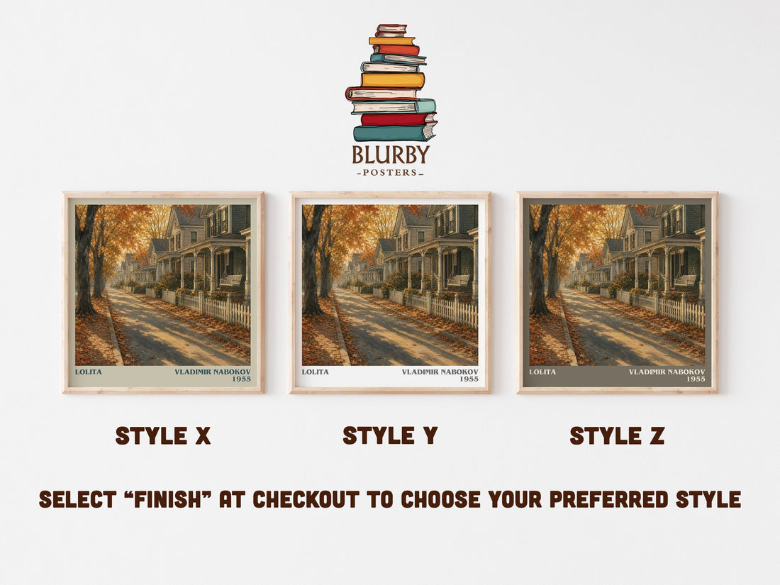 Lolita literary print in frame leaning in hallway – literary fiction wall art (mockup)