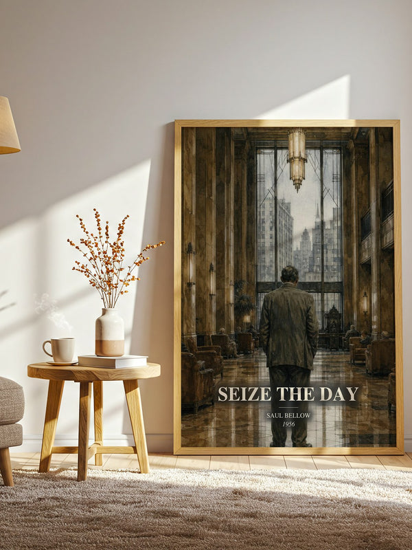 Seize the Day watercolour print in frame leaning in hallway – literary fiction wall art