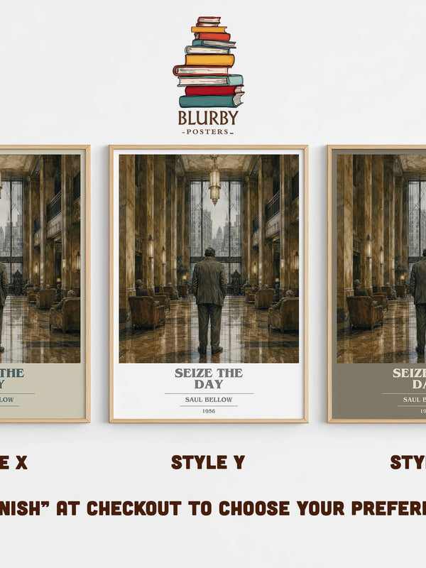 Seize the Day book cover print in frame leaning in hallway – literary fiction wall art