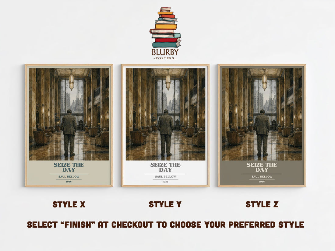Seize the Day book cover print in frame leaning in hallway – literary fiction wall art (mockup)