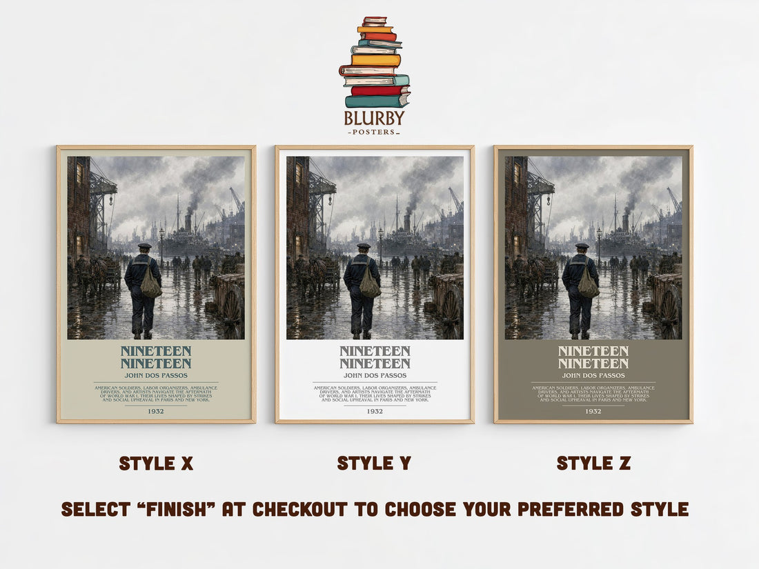 Nineteen Nineteen bookish print in frame leaning in hallway – literary fiction wall art (mockup)