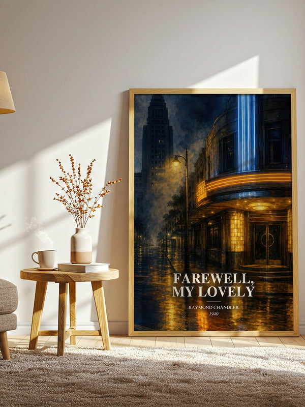 Farewell, My Lovely watercolour print in frame leaning in hallway – crime wall art