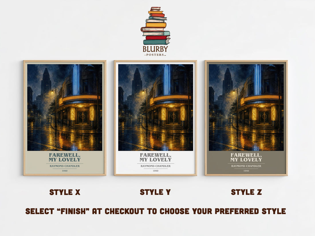 Farewell, My Lovely book cover print in frame leaning in hallway – crime wall art (mockup)