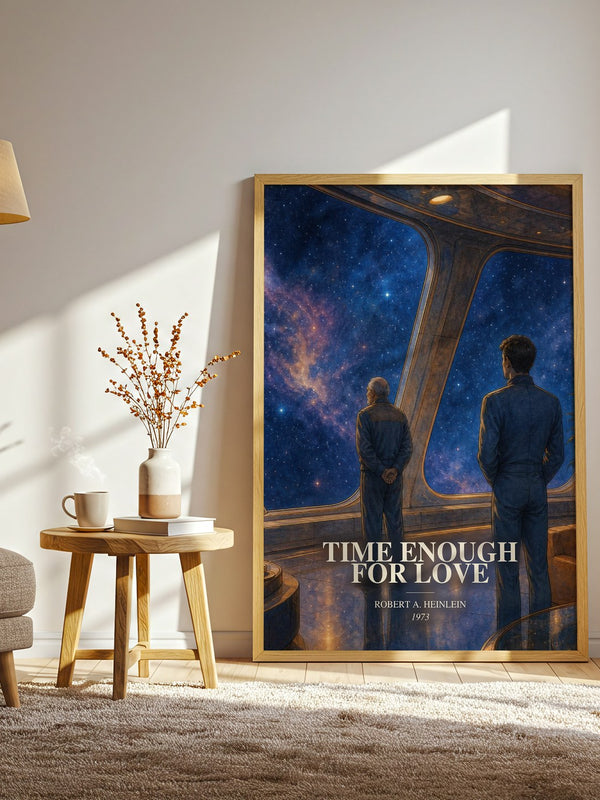 Time Enough for Love watercolour print in frame leaning in hallway – sci fi wall art