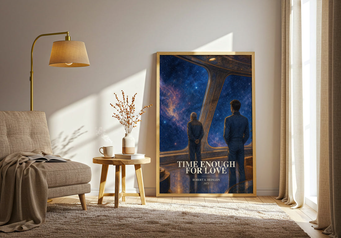 Time Enough for Love watercolour print in frame leaning in hallway – sci fi wall art (mockup)