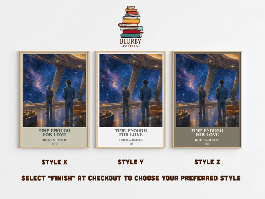 Time Enough for Love book cover print in frame leaning in hallway – sci fi wall art (mockup)