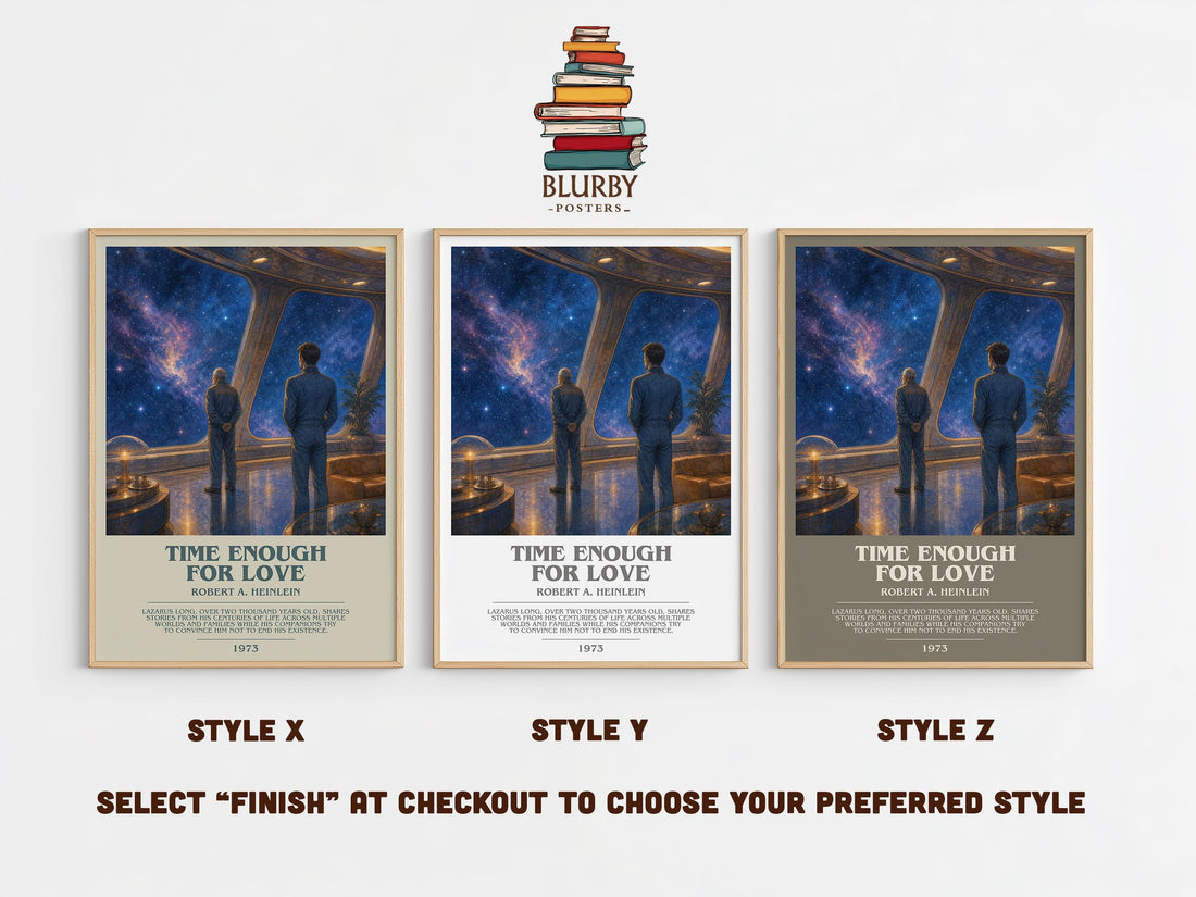 Time Enough for Love bookish print in frame leaning in hallway – sci fi wall art (mockup)