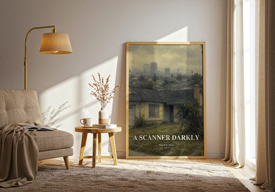 A Scanner Darkly watercolour print in frame leaning in hallway – sci fi wall art (mockup)
