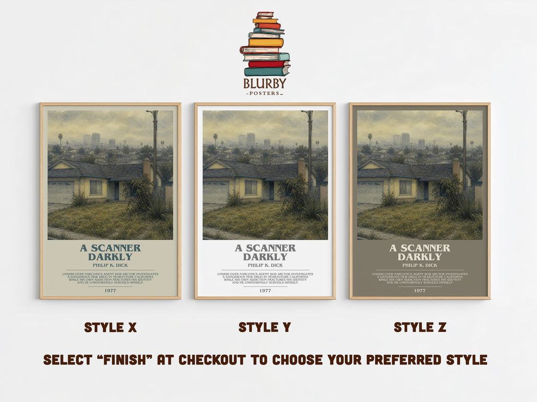 A Scanner Darkly bookish print in frame leaning in hallway – sci fi wall art (mockup)