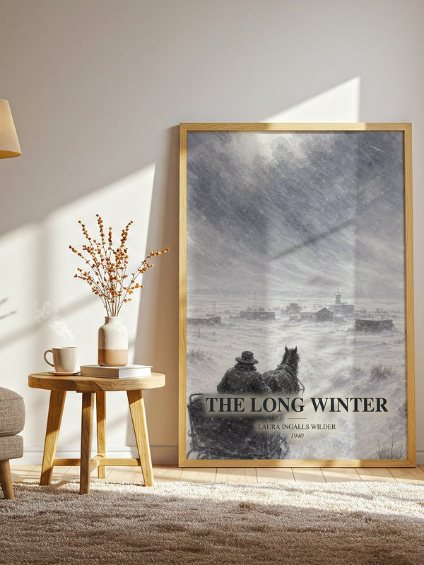 The Long Winter watercolour print in frame leaning in hallway – childrens wall art