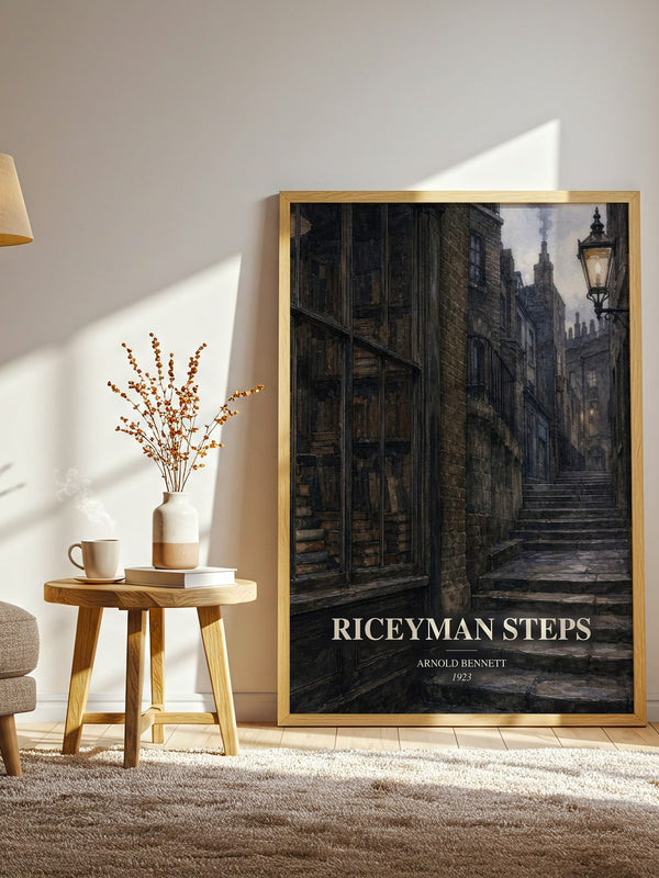 Riceyman Steps watercolour print in frame leaning in hallway – literary fiction wall art
