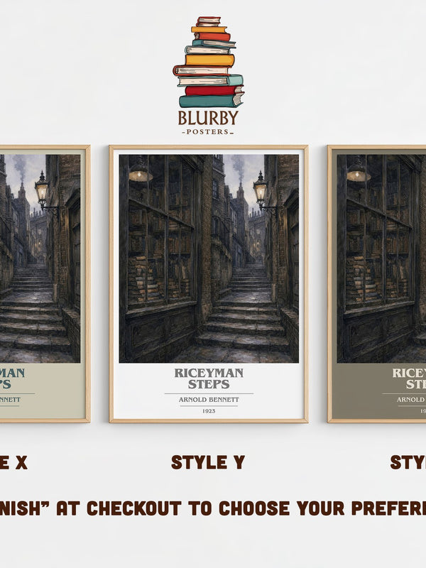 Riceyman Steps book cover print in frame leaning in hallway – literary fiction wall art