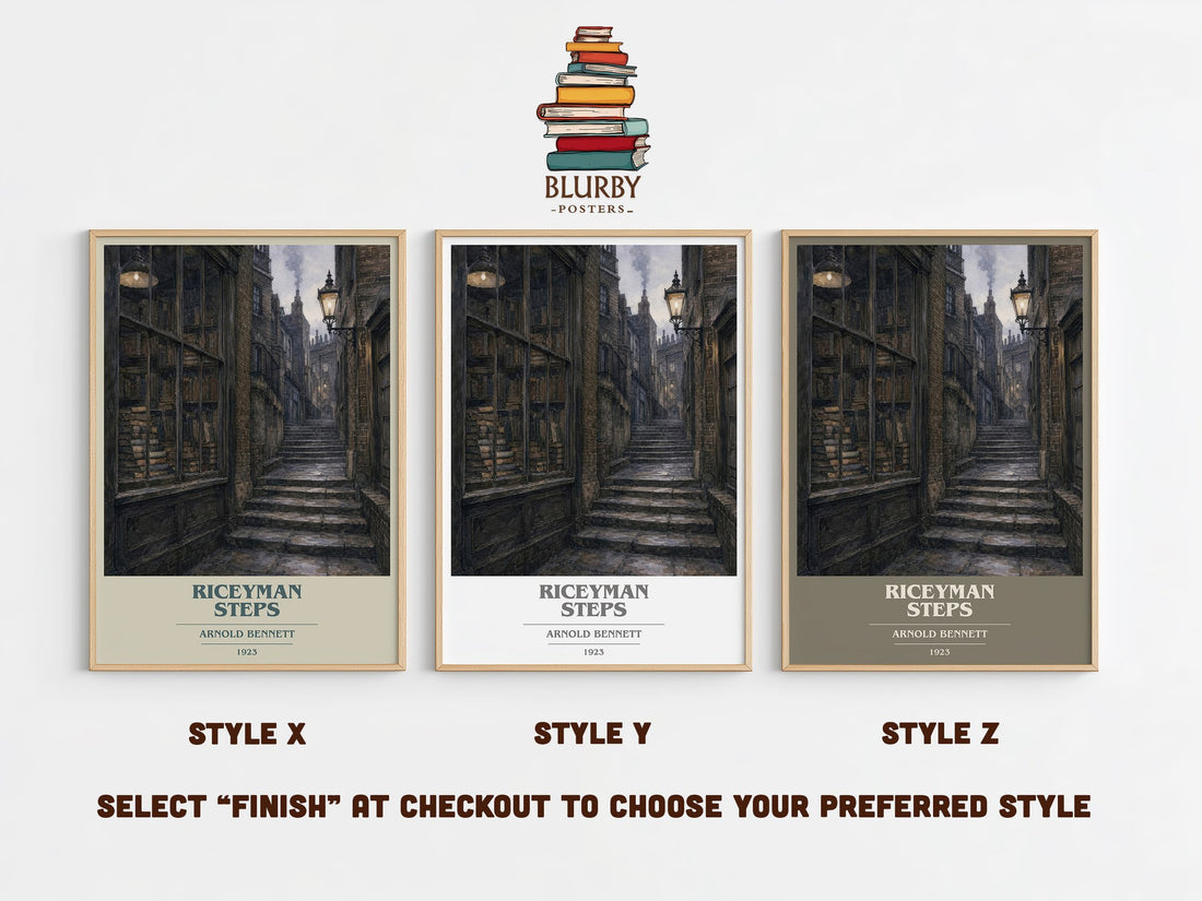 Riceyman Steps book cover print in frame leaning in hallway – literary fiction wall art (mockup)