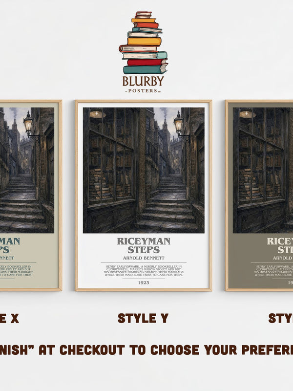 Riceyman Steps bookish print in frame leaning in hallway – literary fiction wall art