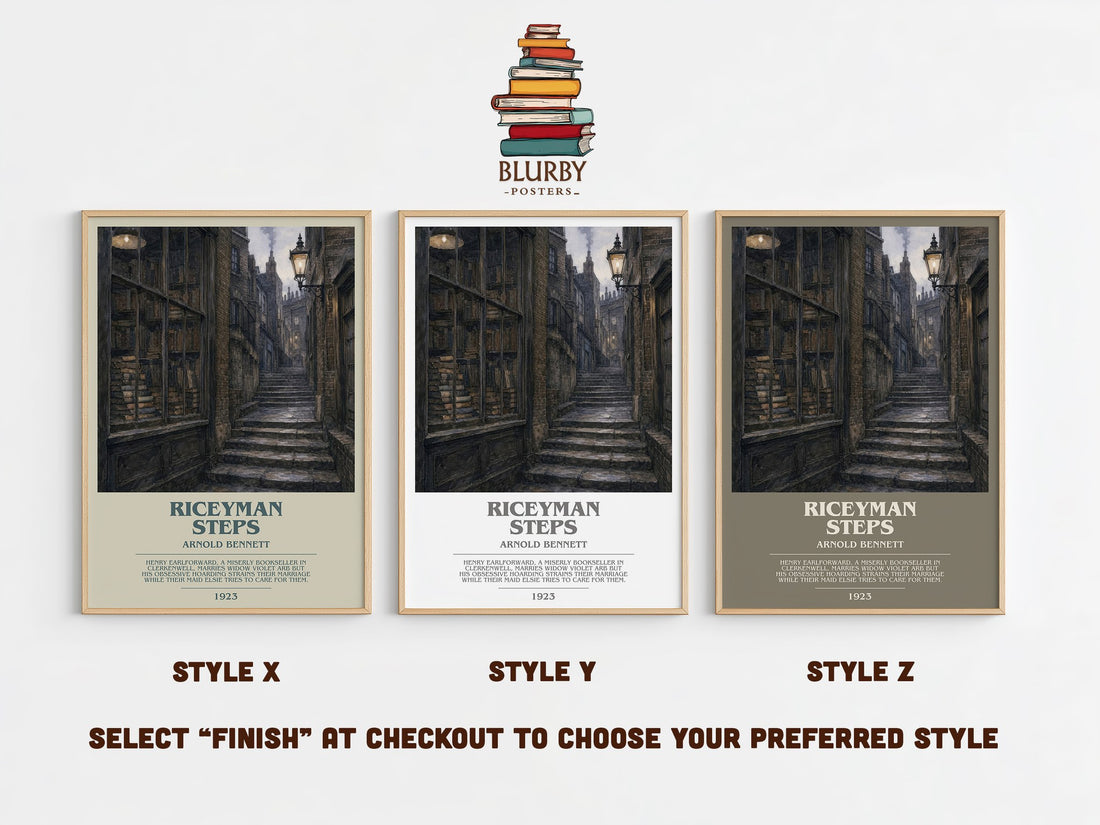 Riceyman Steps bookish print in frame leaning in hallway – literary fiction wall art (mockup)