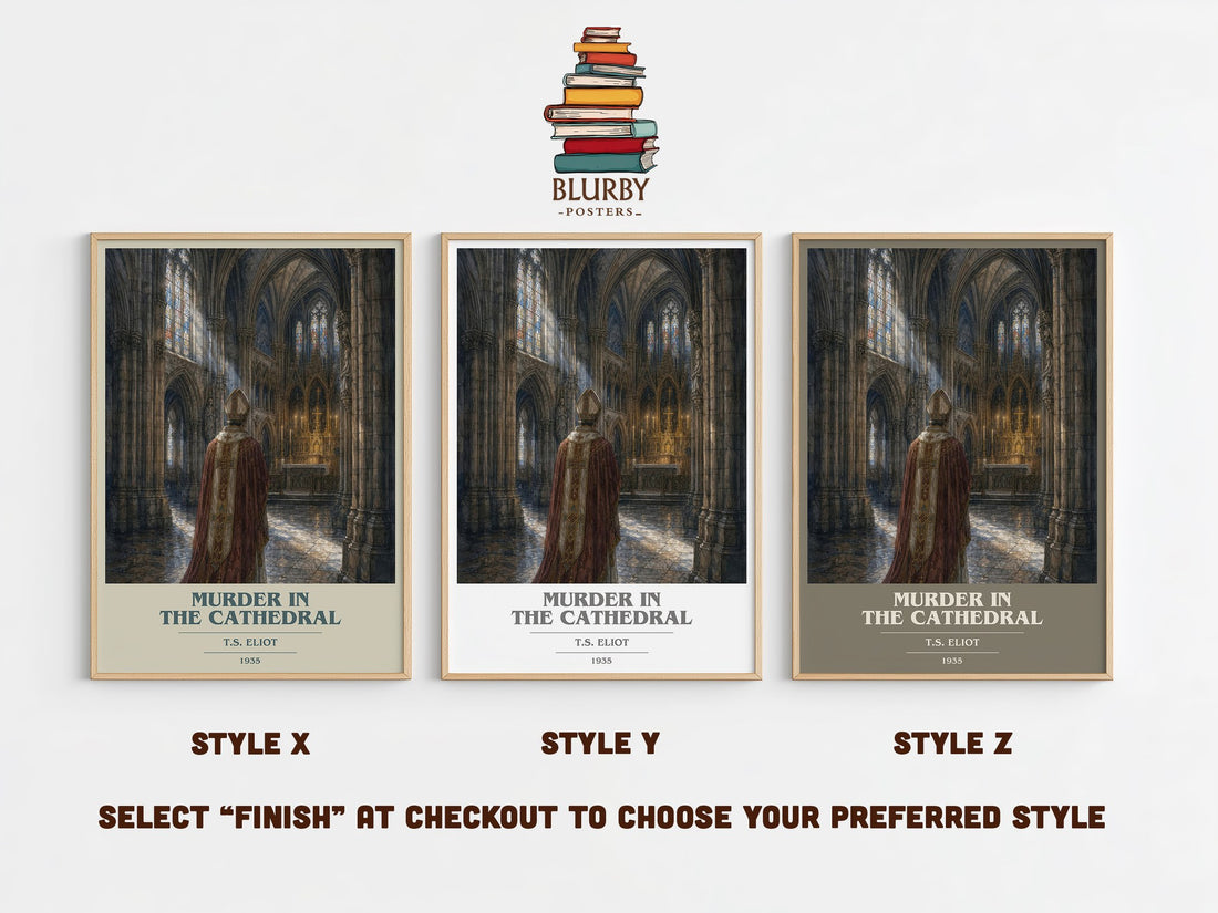 Murder in the Cathedral book cover print in frame leaning in hallway – poetry wall art (mockup)