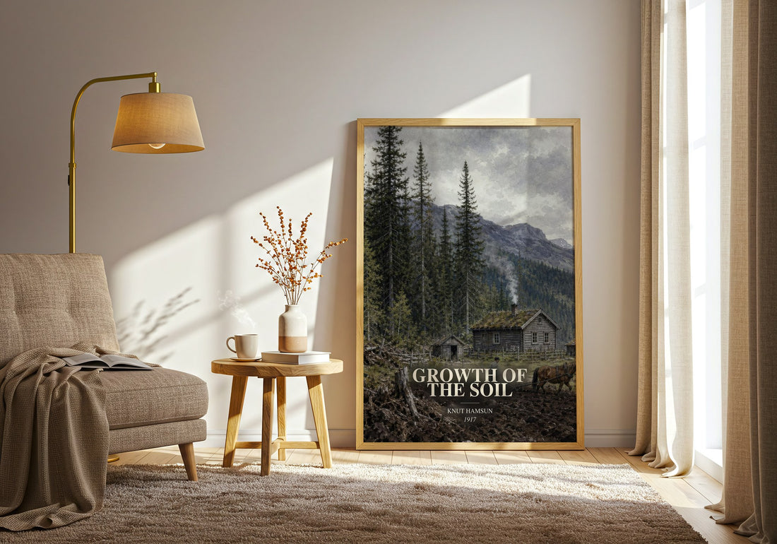 Growth of the Soil watercolour print in frame leaning in hallway – literary fiction wall art (mockup)