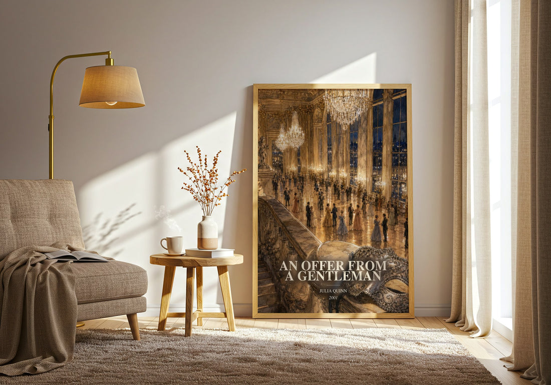 An Offer From a Gentleman watercolour print in frame leaning in hallway – romance wall art (mockup)