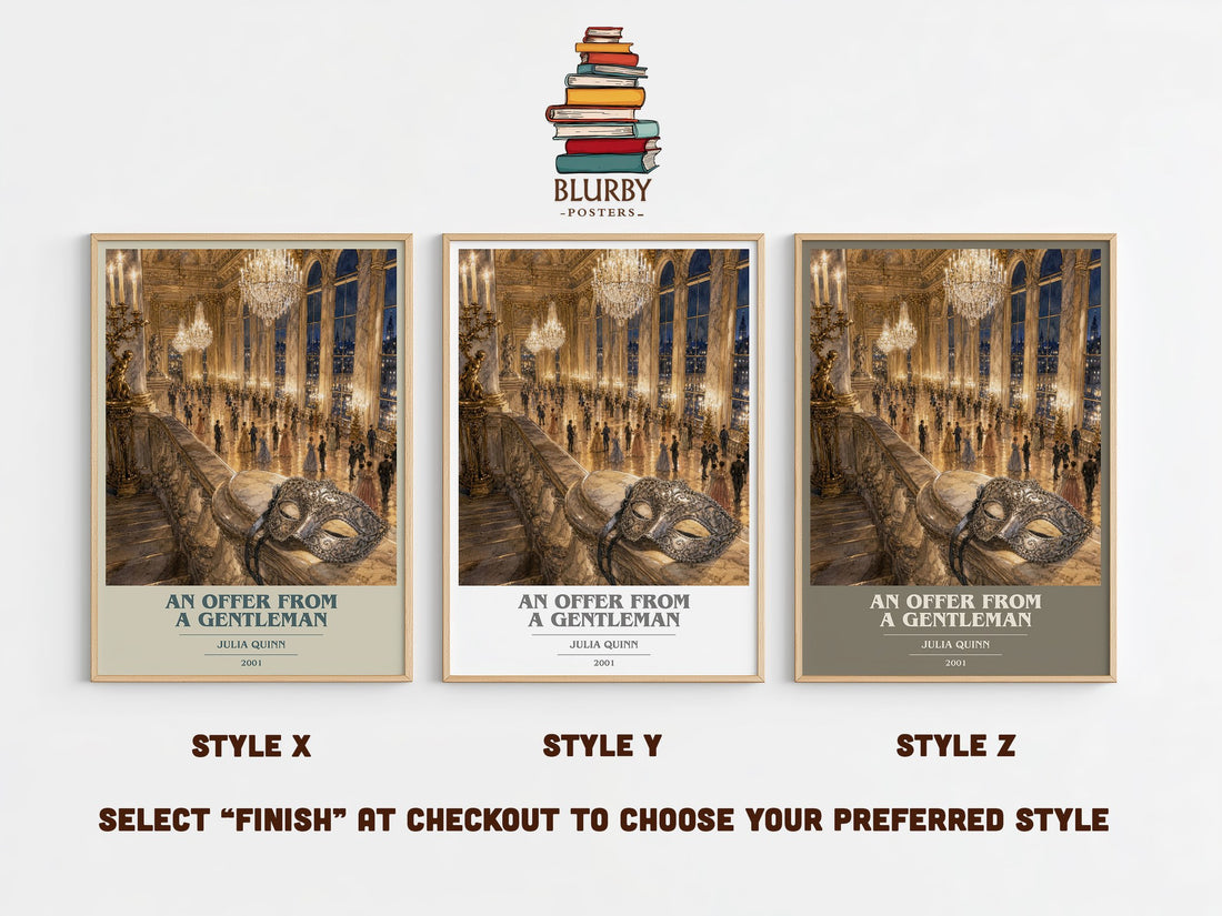An Offer From a Gentleman book cover print in frame leaning in hallway – romance wall art (mockup)