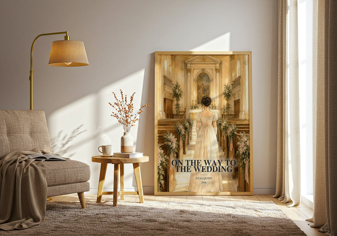 On the Way to the Wedding watercolour print in frame leaning in hallway – romance wall art (mockup)