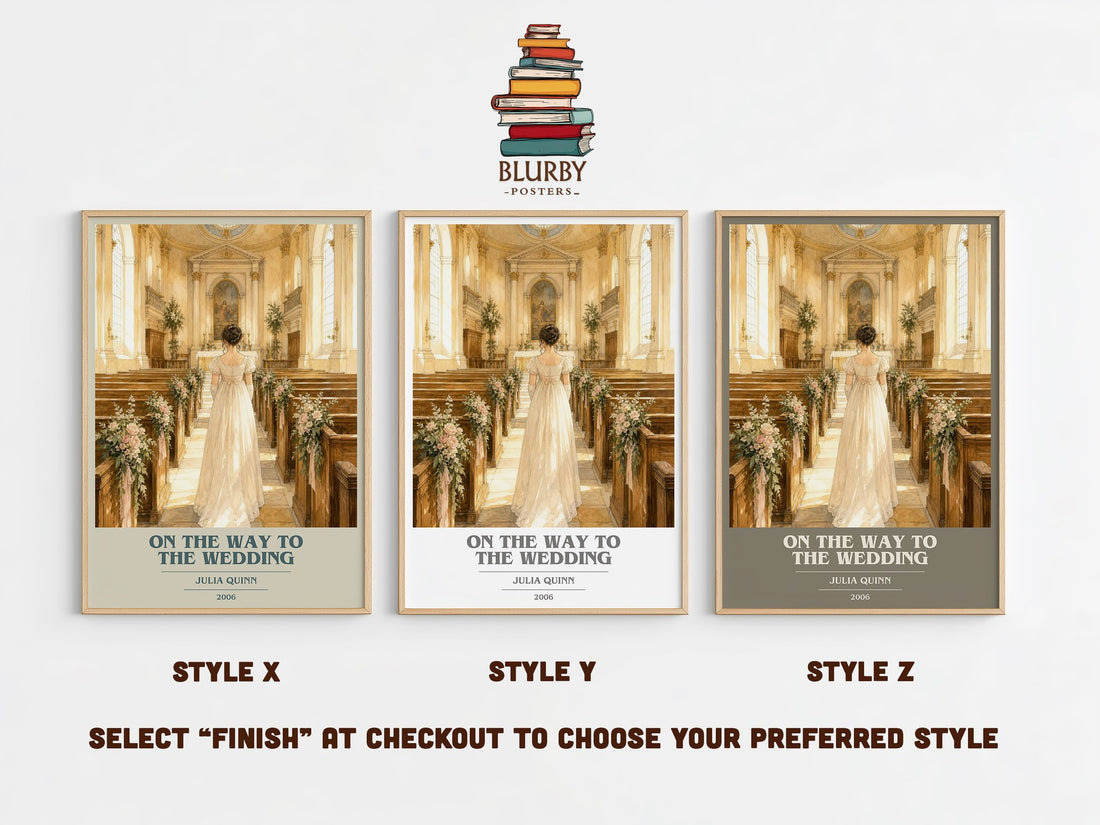 On the Way to the Wedding book cover print in frame leaning in hallway – romance wall art (mockup)
