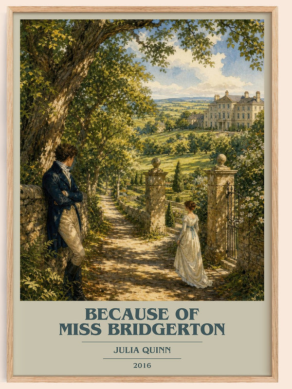 Because of Miss Bridgerton book cover book poster by Julia Quinn – framed literary art print