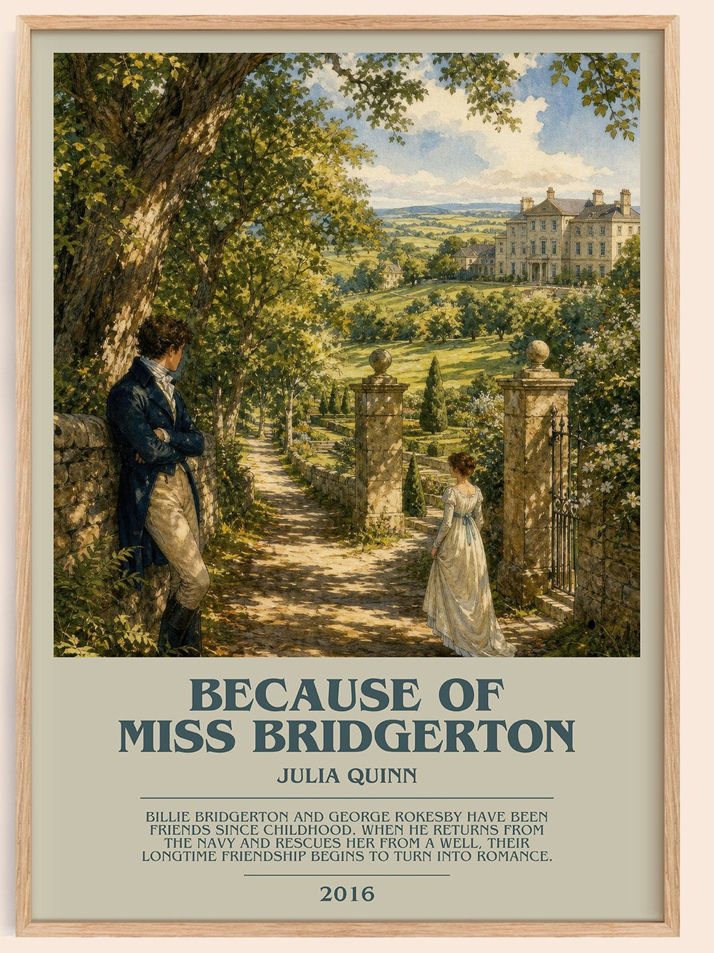Because of Miss Bridgerton bookish book poster by Julia Quinn – framed literary art print
