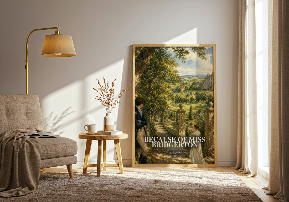Because of Miss Bridgerton watercolour print in frame leaning in hallway – romance wall art (mockup)