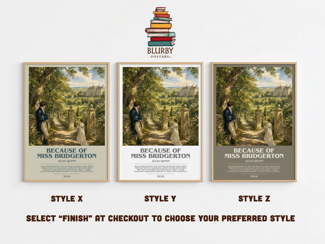 Because of Miss Bridgerton bookish print in frame leaning in hallway – romance wall art (mockup)