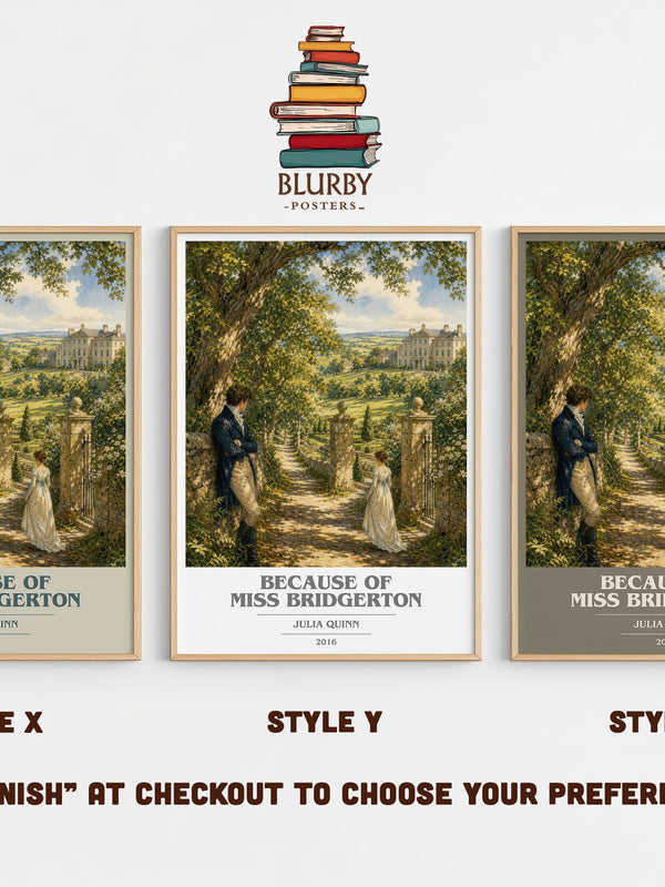 Because of Miss Bridgerton book cover print in frame leaning in hallway – romance wall art