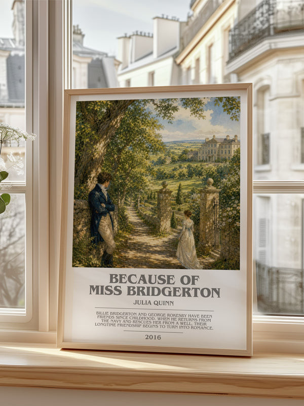 Because of Miss Bridgerton bookish poster colour and style options – Julia Quinn book art
