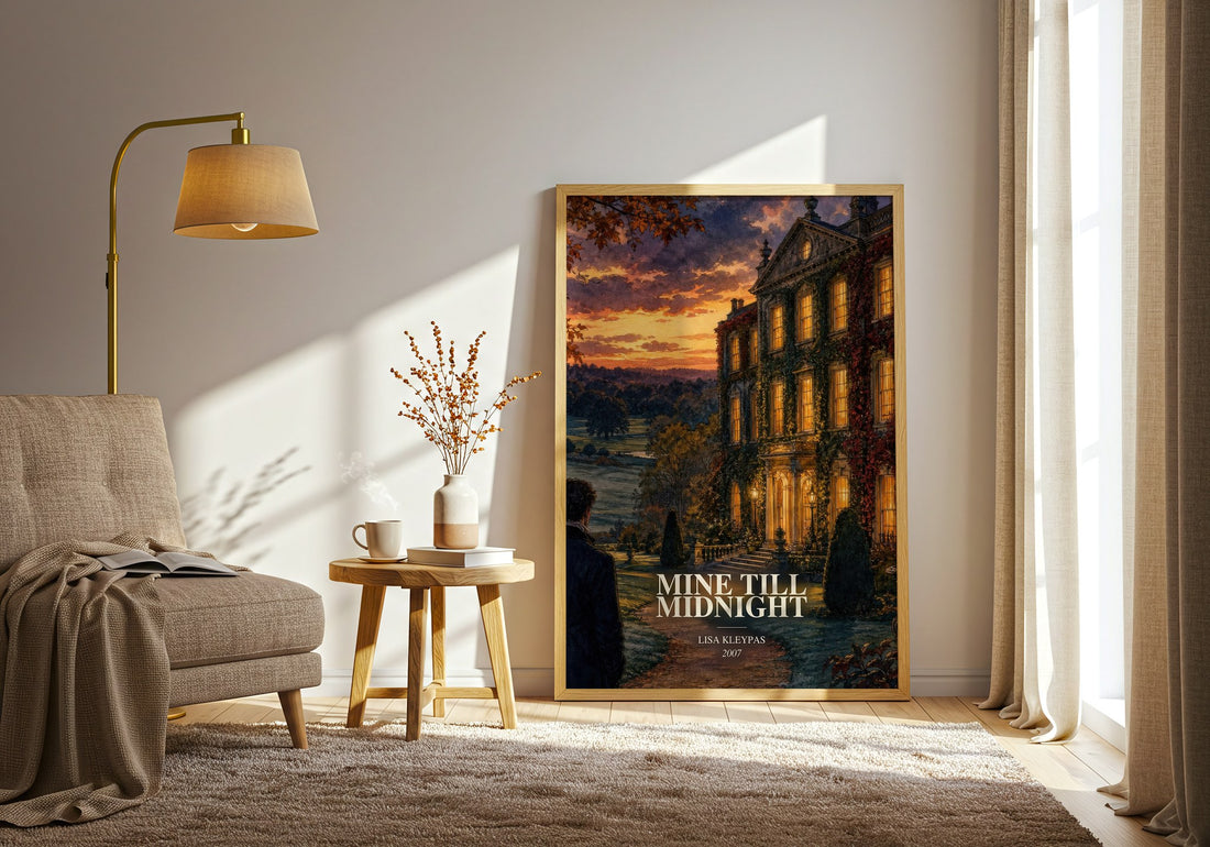 Mine Till Midnight watercolour print in frame leaning in hallway – romance wall art (mockup)