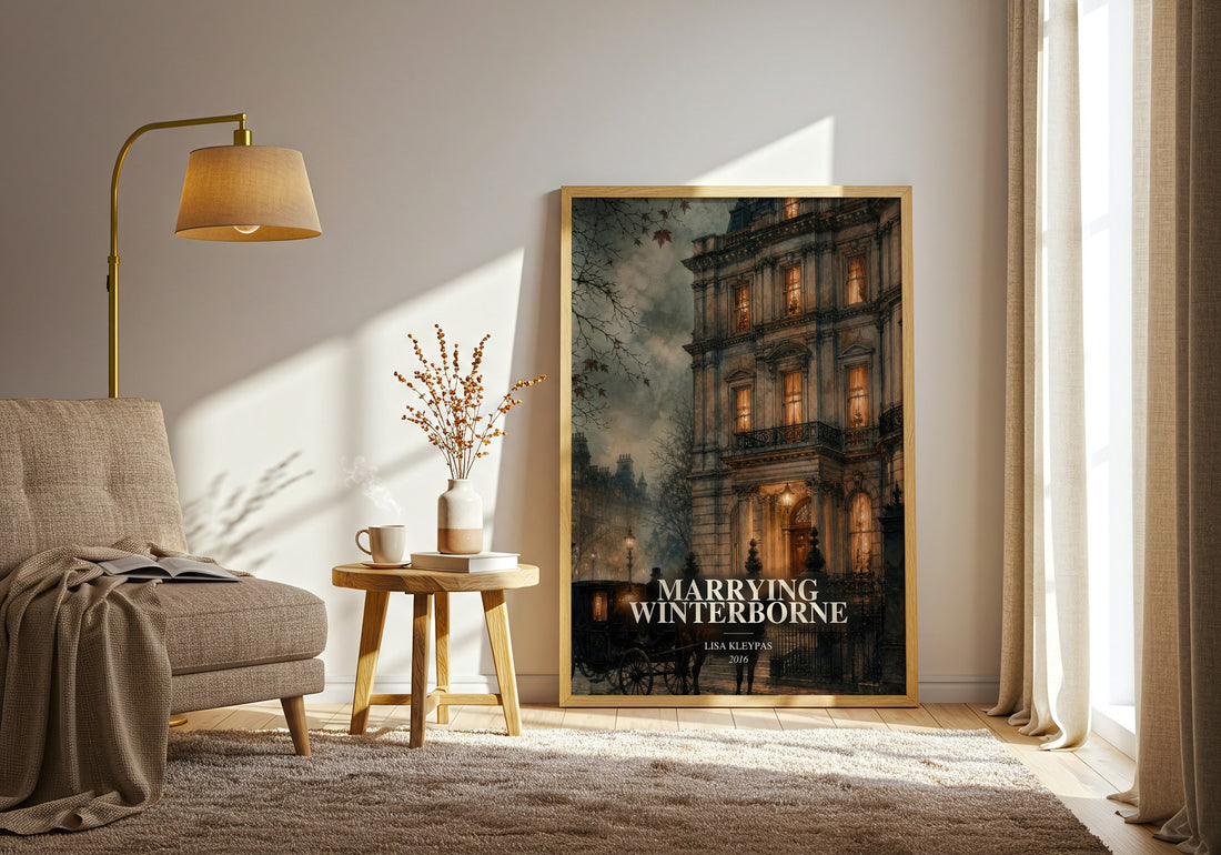 Marrying Winterborne watercolour print in frame leaning in hallway – romance wall art (mockup)