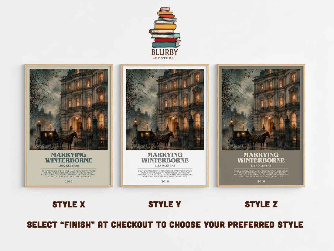 Marrying Winterborne bookish print in frame leaning in hallway – romance wall art (mockup)