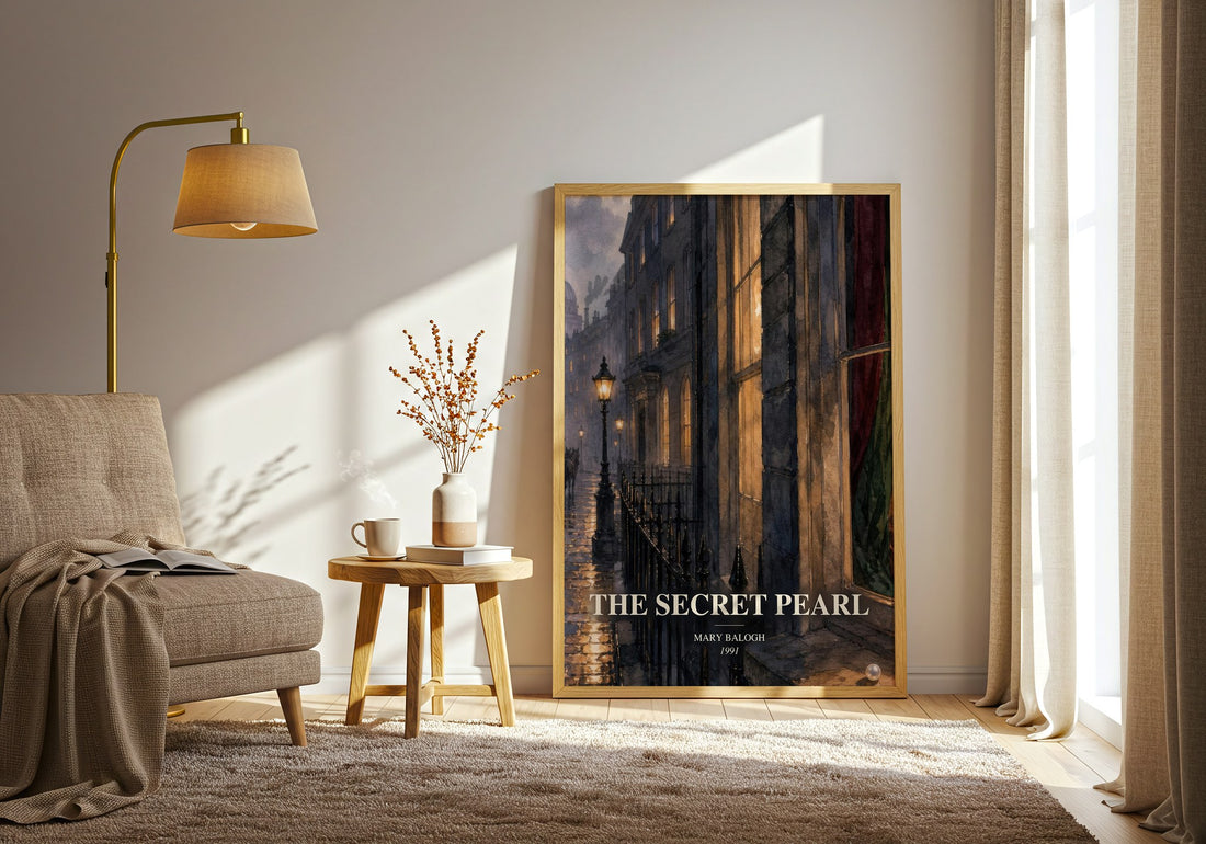 The Secret Pearl watercolour print in frame leaning in hallway – romance wall art (mockup)