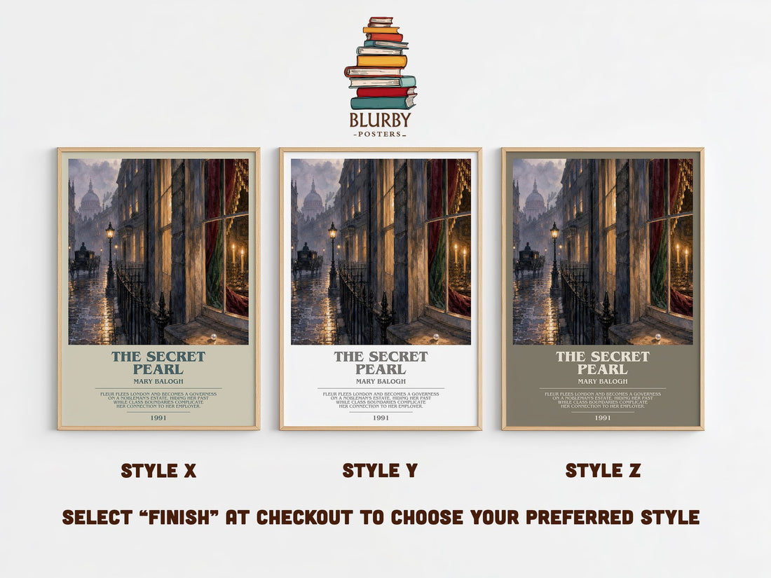 The Secret Pearl bookish print in frame leaning in hallway – romance wall art (mockup)