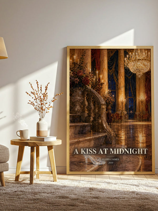 A Kiss at Midnight watercolour print in frame leaning in hallway – romance wall art